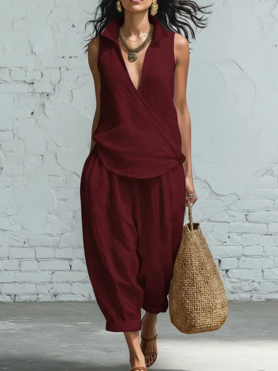 Casual Grey Linen Wrap Front Sleeveless Top And Wide Leg Pants Set